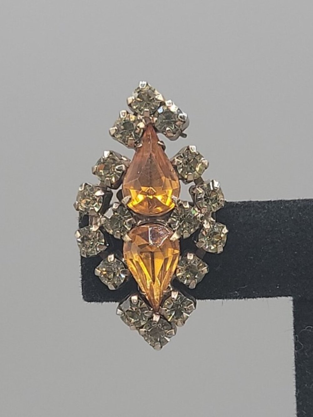 Vintage Clip-On Earrings Amber Gold Rhinestone Diamond Shaped Huge Sparkle - Picture 10 of 12